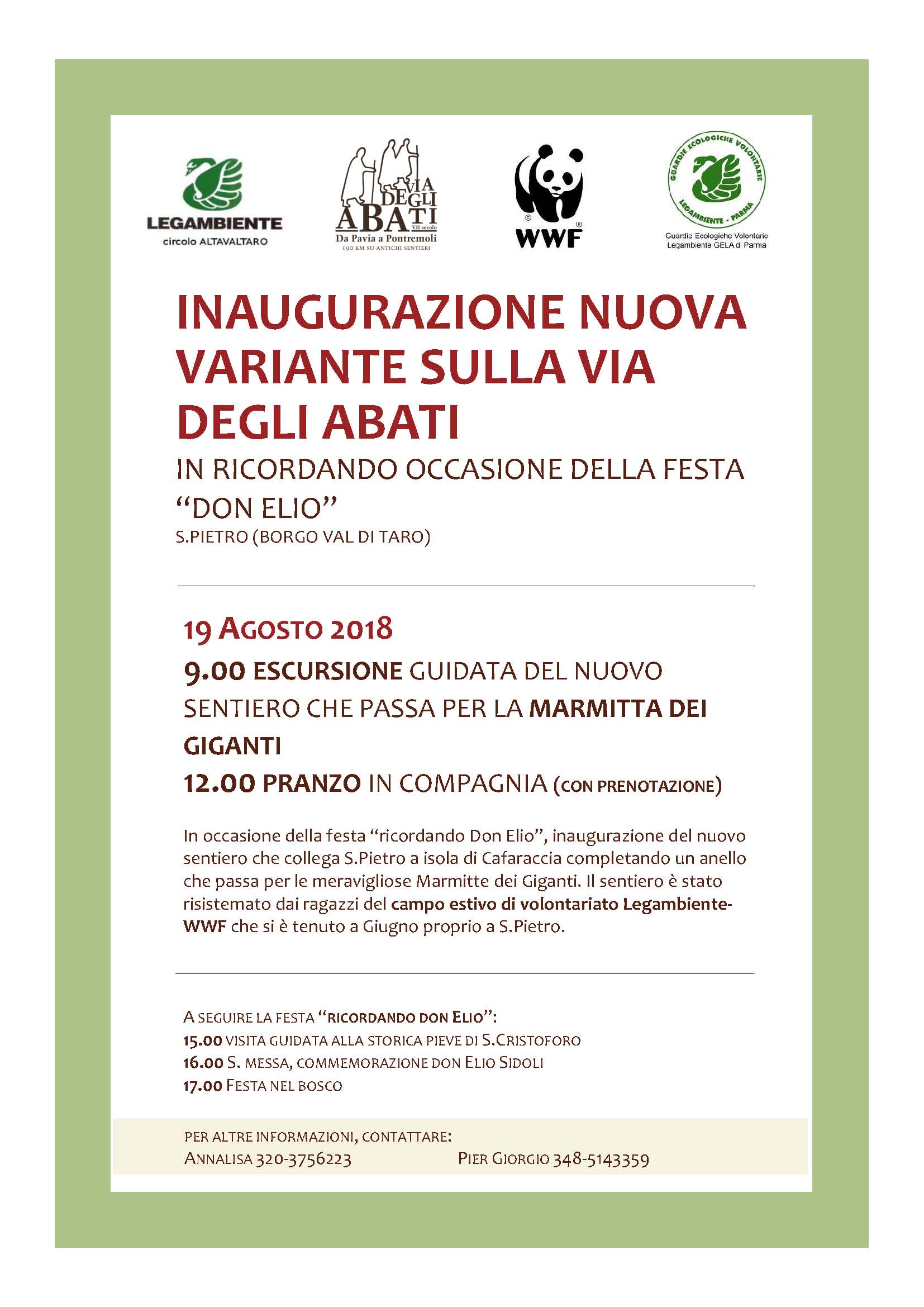 Inaugurazione della nuova variante sulla Via degli Abati (IN OCCASIONE DELLA FESTA IN RICORDO DI “DON ELIO”) - 9 agosto 2018 San Pietro di Borgotaro (Parma) 