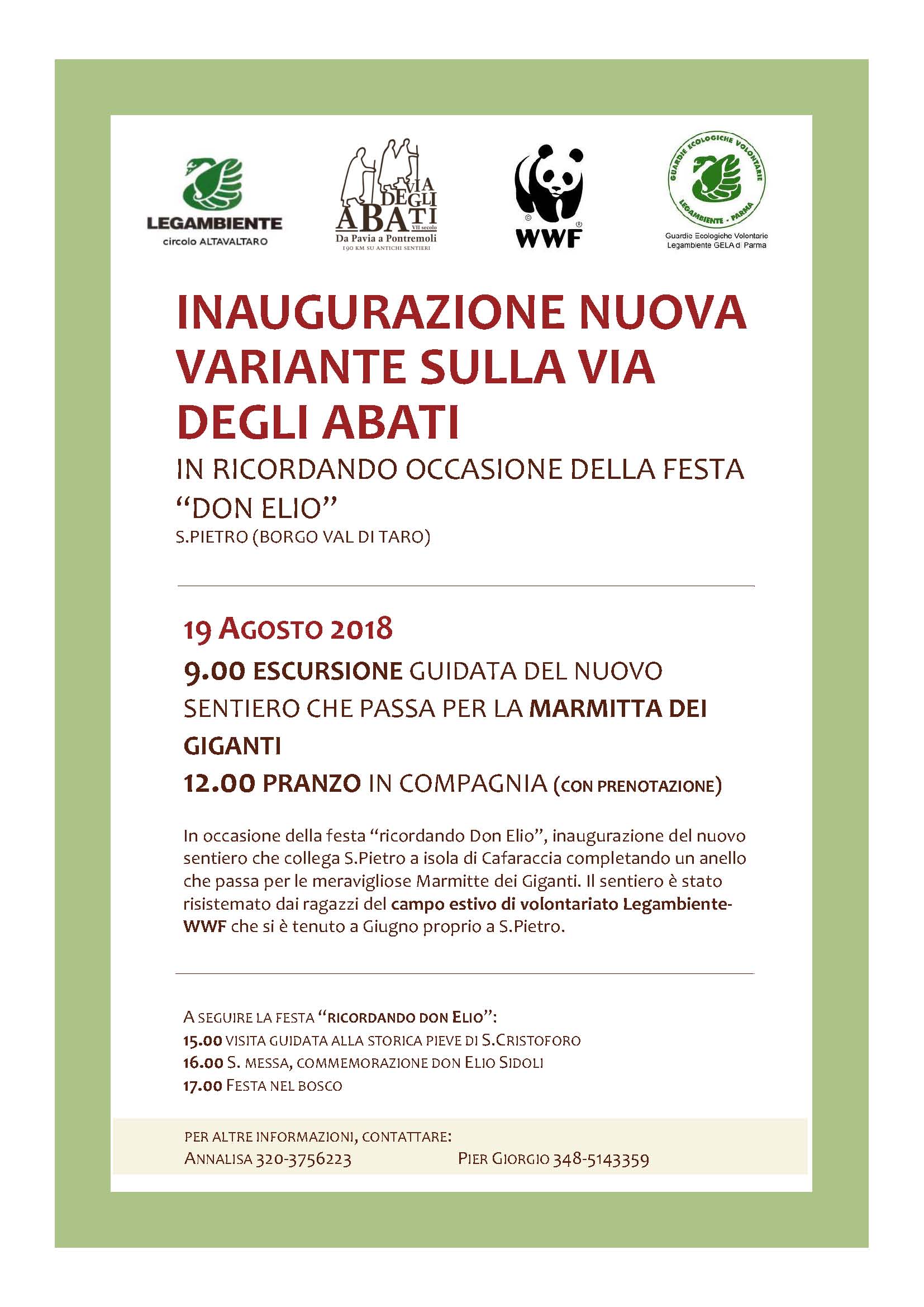 Inaugurazione della nuova variante sulla Via degli Abati (IN OCCASIONE DELLA FESTA IN RICORDO DI “DON ELIO”) - 9 agosto 2018 San Pietro di Borgotaro (Parma)